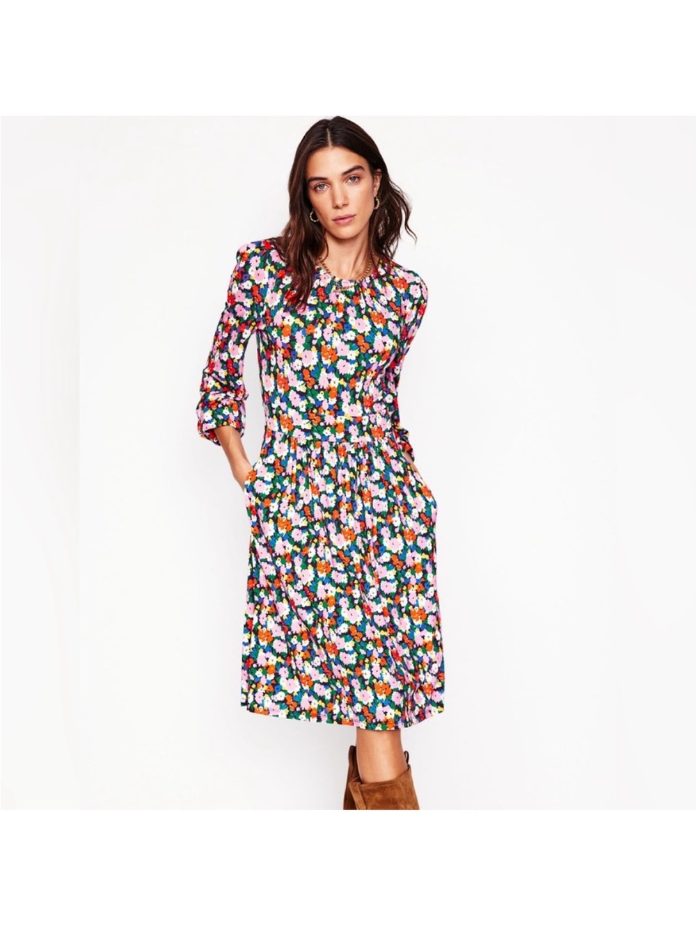Boden Alexandra Blouson Jersey Dress in Multi Painterly Meadow 20-22